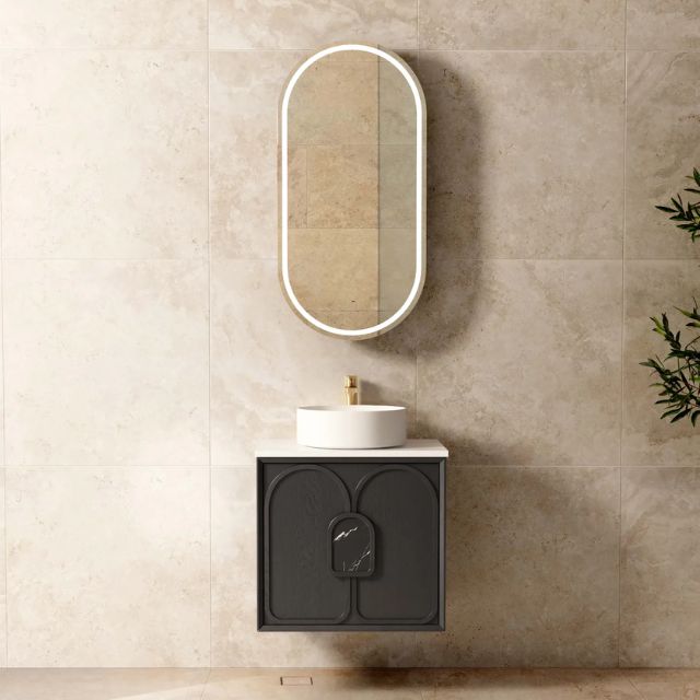 Otti Laguna Mk II Black Oak Wall Hung Vanity with Pure White Top - 600mm Single Basin LGM600BSTUD-PW | The Blue Space