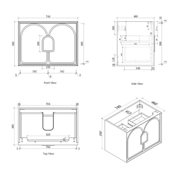Otti Laguna Mk II Black Oak Wall Hung Vanity with Pure White Top - 750mm Single Basin - Cabinet Technical Drawing LGM750BSTUD-PW | The Blue Space