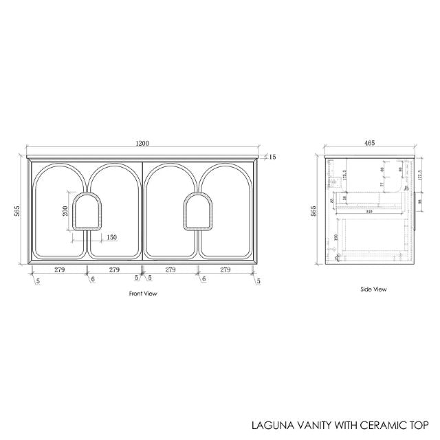 Otti Laguna Mk II Matte White Wall Hung Vanity with Ceramic Top - 1200mm Single Basin - Cabinet Technical Drawing LGM1200WCT | The Blue Space