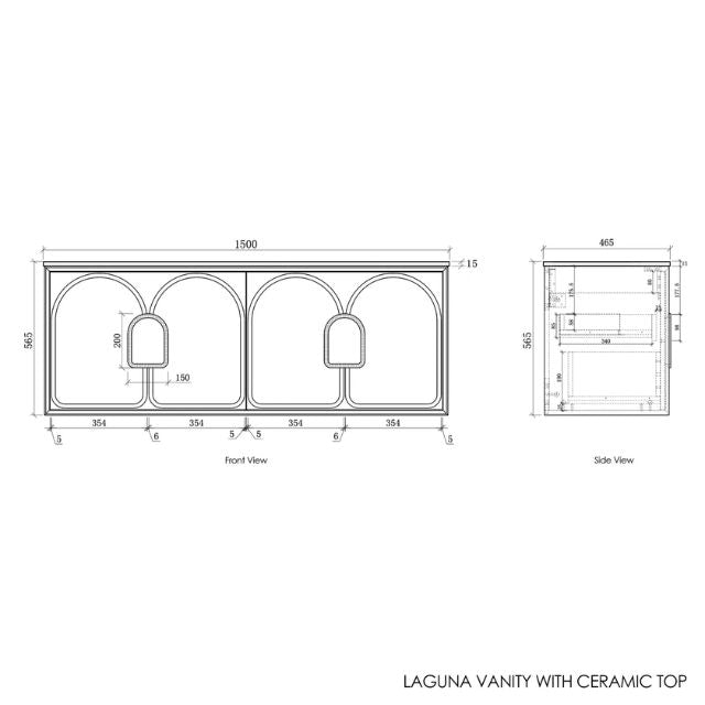 Otti Laguna Mk II Matte White Wall Hung Vanity with Ceramic Top - 1500mm Double Basin - Cabinet Technical Drawing LGM1500WCT | The Blue Space