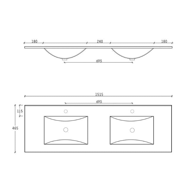 Otti Laguna Mk II Matte White Wall Hung Vanity with Ceramic Top - 1500mm Double Basin - Ceramic Top Technical Drawing LGM1500WCT | The Blue Space