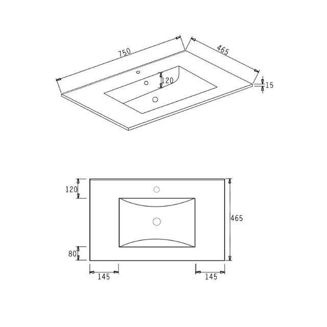 Otti Laguna Mk II Matte White Wall Hung Vanity with Ceramic Top - 750mm Single Basin - Ceramic Top Technical Drawing LGM750WCT | The Blue Space