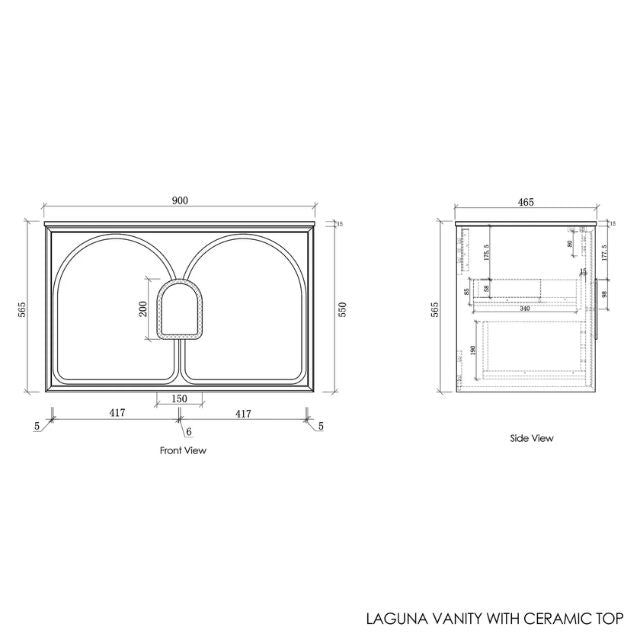 Otti Laguna Mk II Matte White Wall Hung Vanity with Ceramic Top - 900mm Single Basin - Cabinet Technical Drawing LGM900WCT | The Blue Space