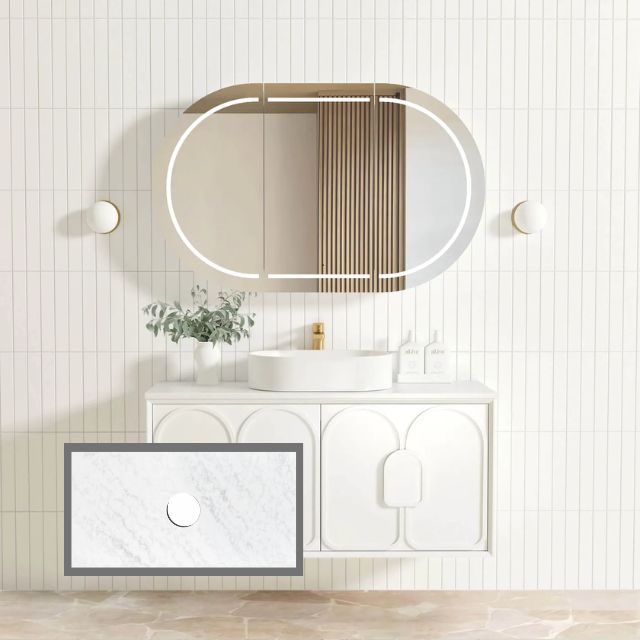 Otti Laguna Mk II Matte White Wall Hung Vanity with Cloudy Carrara Top - 1200mm Single Basin LGM1200WSTUD-CA | The Blue Space