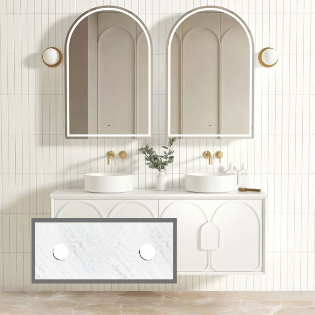 Otti Laguna Mk II Matte White Wall Hung Vanity with Cloudy Carrara Top - 1500mm Double Basin LGM1500WSTUD-CA | The Blue Space