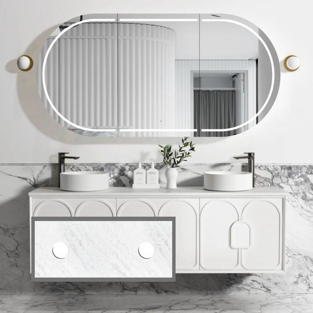 Otti Laguna Mk II Matte White Wall Hung Vanity with Cloudy Carrara Top - 1800mm Double Basin LGM1800WSTUD-CA | The Blue Space
