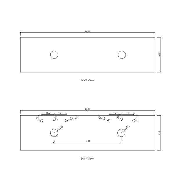 Otti Laguna Mk II Matte White Wall Hung Vanity with Cloudy Carrara Top - 1800mm Double Basin - Stone Top Technical Drawing LGM1800WSTUD-CA | The Blue Space