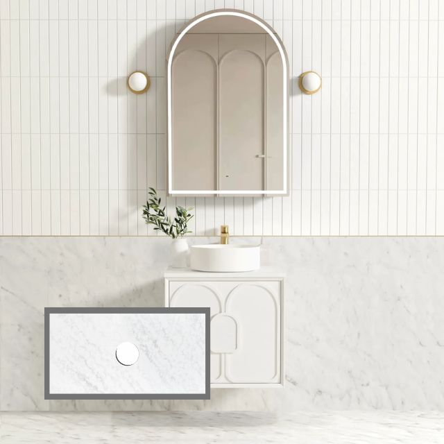Otti Laguna Mk II Matte White Wall Hung Vanity with Cloudy Carrara Top - 600mm Single Basin LGM600WSTUD-CA | The Blue Space