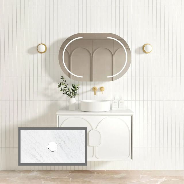 Otti Laguna Mk II Matte White Wall Hung Vanity with Cloudy Carrara Top - 900mm Single Basin LGM900WSTUD-CA | The Blue Space