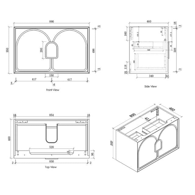 Otti Laguna Mk II Matte White Wall Hung Vanity with Cloudy Carrara Top - 900mm Single Basin - Cabinet Technical Drawing LGM900WSTUD-CA | The Blue Space