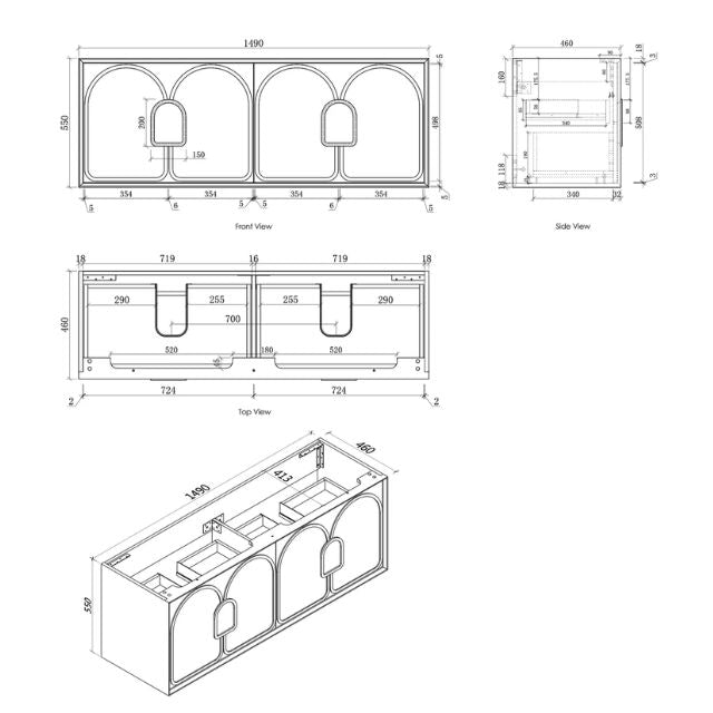 Otti Laguna Mk II Matte White Wall Hung Vanity with Matte White Top - 1500mm Double Basin - Cabinet Technical Drawing LGM1500WSTUD-MW | The Blue Space