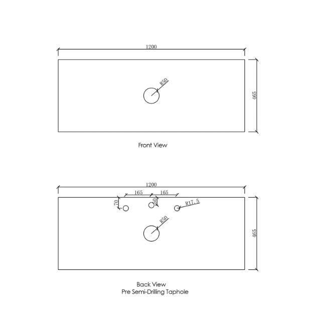 Otti Laguna Mk II Matte White Wall Hung Vanity with Pure White Top - 1200mm Single Basin - Solid Surface Top Technical Drawing LGM1200WSTUD-PW | The Blue Space