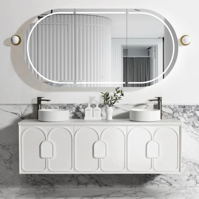 Otti Laguna Mk II Matte White Wall Hung Vanity with Pure White Top - 1800mm Double Basin LGM1800WSTUD-PW | The Blue Space