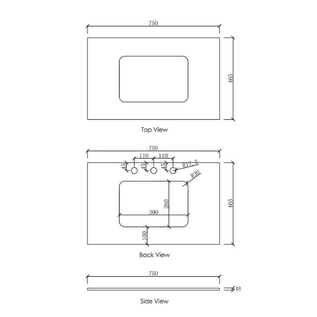 Otti Laguna Mk II Matte White Wall Hung Vanity with Pure White Top - 750mm Single Basin - Solid Surface Top Technical Drawing LGM750WSTUD-PW | The Blue Space