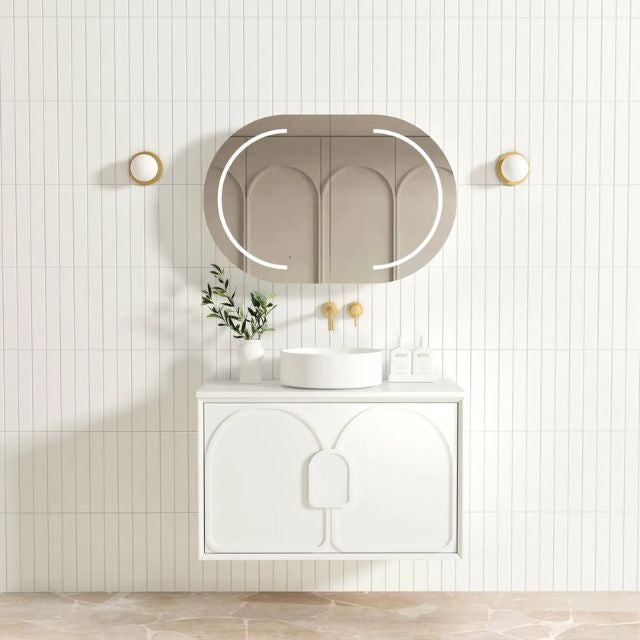 Otti Laguna Mk II Matte White Wall Hung Vanity with Pure White Top - 900mm Single Basin LGM900WSTUD-PW | The Blue Space