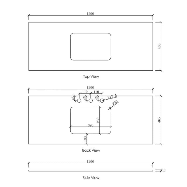 Otti Laguna Mk II Wall Hung Vanity in Black Oak with Undermount Basin 1200mm Centre Bowl - Benchtop Technical Drawing LGM1200BSTUD-NCA-UB | The Blue Space