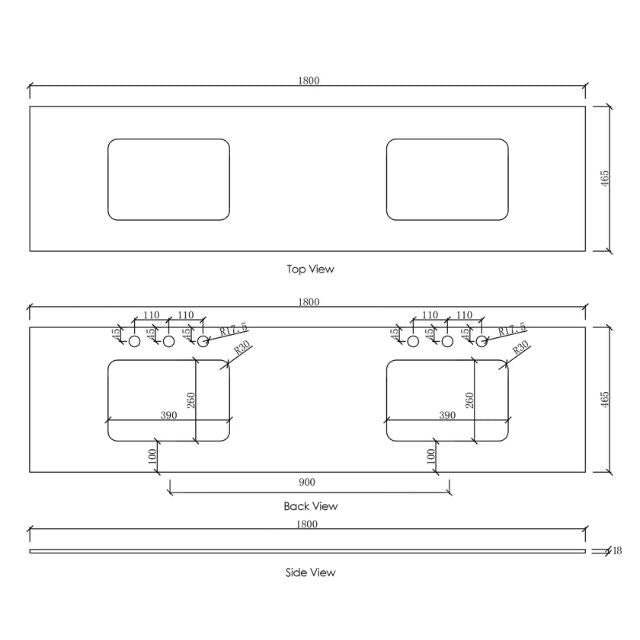 Otti Laguna Mk II Wall Hung Vanity in Black Oak with Undermount Basin 1800mm Double Bowl - Benchtop Technical Drawing LGM1800BSTUD-NCA-UB | The Blue Space
