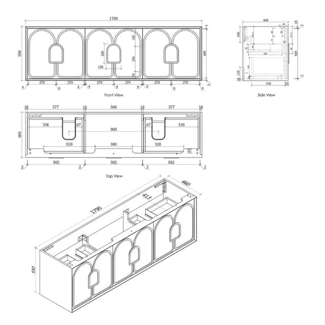 Otti Laguna Mk II Wall Hung Vanity in Black Oak with Undermount Basin 1800mm Double Bowl - Cabinet Technical Drawing LGM1800BSTUD-NCA-UB | The Blue Space
