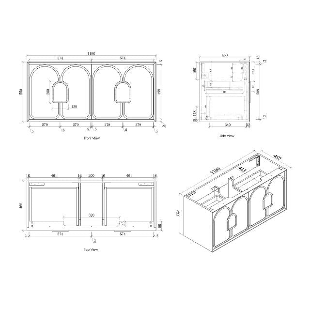 Otti Laguna Mk II Wall Hung Vanity in Woodland Oak with Undermount Basin 1200mm Centre Bowl - Cabinet Technical Drawing LGM1200NSTUD-NCA-UB | The Blue Space