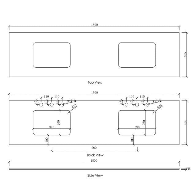 Otti Laguna Mk II Wall Hung Vanity in Woodland Oak with Undermount Basin 1800mm Double Bowl - Benchtop Technical Drawing LGM1800NSTUD-NCA-UB | The Blue Space