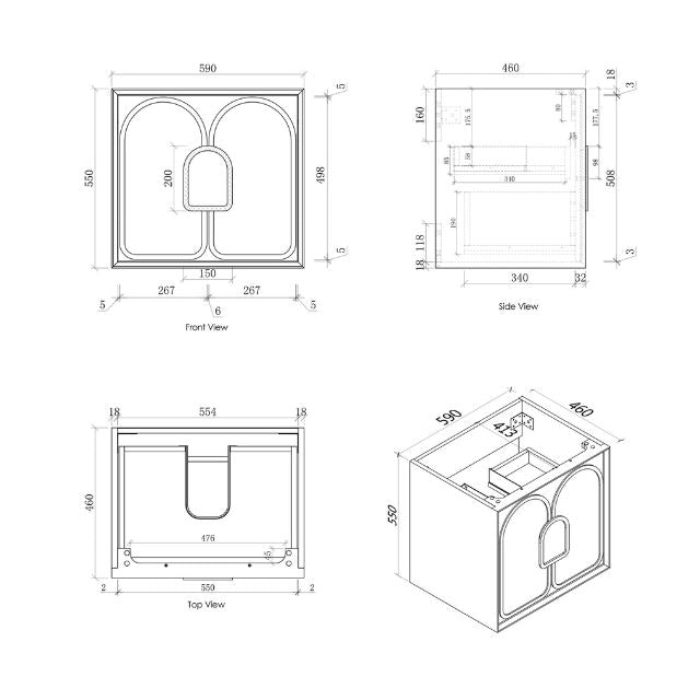Otti Laguna Mk II Wall Hung Vanity in Woodland Oak with Undermount Basin 600mm Centre Bowl - Cabinet Technical Drawing LGM600NSTUD-NCA-UB | The Blue Space