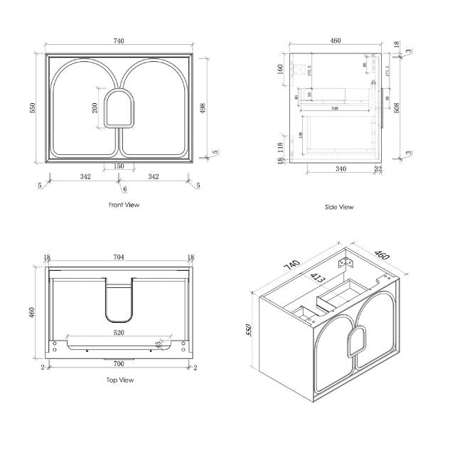 Otti Laguna Mk II Wall Hung Vanity in Woodland Oak with Undermount Basin 750mm Centre Bowl - Cabinet Technical Drawing LGM750NSTUD-NCA-UB | The Blue Space
