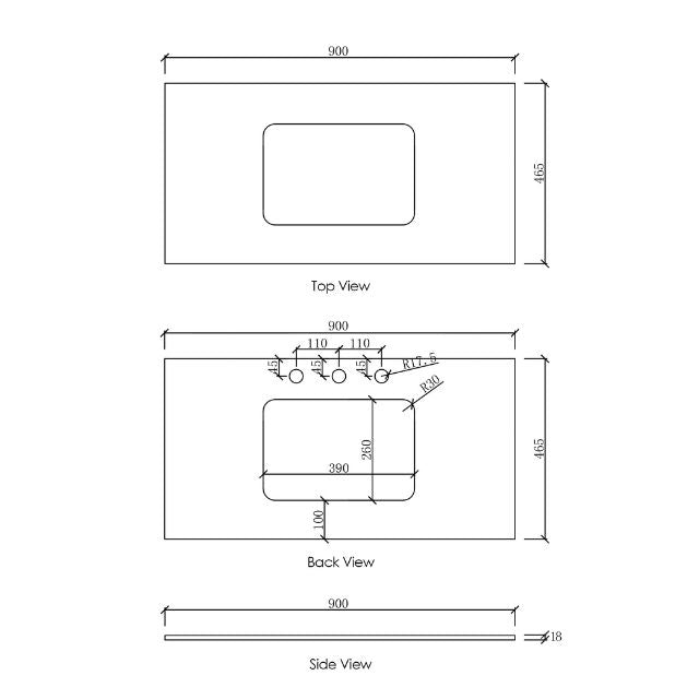 Otti Laguna Mk II Wall Hung Vanity in Woodland Oak with Undermount Basin 900mm Centre Bowl - Benchtop Technical Drawing LGM900NSTUD-NCA-UB | The Blue Space