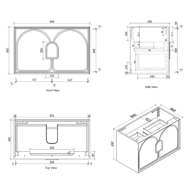 Otti Laguna Mk II Wall Hung Vanity in Woodland Oak with Undermount Basin 900mm Centre Bowl - Cabinet Technical Drawing LGM900NSTUD-NCA-UB | The Blue Space