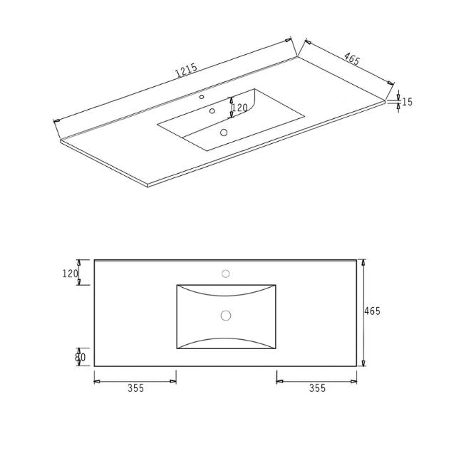 Otti Laguna Mk II Woodland Oak Wall Hung Vanity with Ceramic Top - 1200mm Single Basin - Ceramic Top Technical Drawing LGM1200NCT | The Blue Space