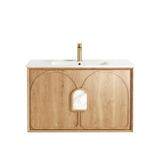 Otti Laguna Mk II Woodland Oak Wall Hung Vanity with Ceramic Top - 900mm Single Basin LGM900NCT | The Blue Space