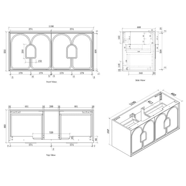 Otti Laguna Mk II Woodland Oak Wall Hung Vanity with Cloudy Carrara Top - 1200mm Single Basin - Cabinet Technical Drawing LGM1200NSTUD-CA | The Blue Space