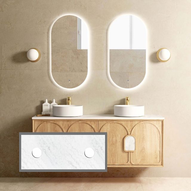 Otti Laguna Mk II Woodland Oak Wall Hung Vanity with Cloudy Carrara Top - 1500mm Double Basin LGM1500NSTUD-CA | The Blue Space
