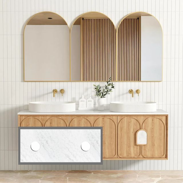 Otti Laguna Mk II Woodland Oak Wall Hung Vanity with Cloudy Carrara Top - 1800mm Double Basin LGM1800NSTUD-CA | The Blue Space