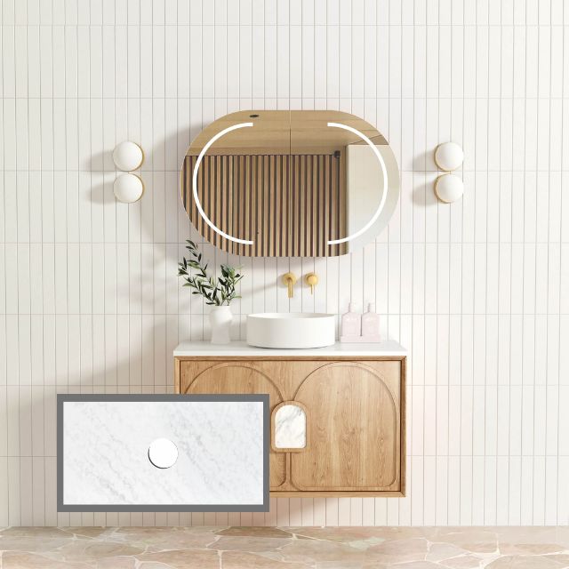 Otti Laguna Mk II Woodland Oak Wall Hung Vanity with Cloudy Carrara Top - 900mm Single Basin LGM900NSTUD-CA | The Blue Space