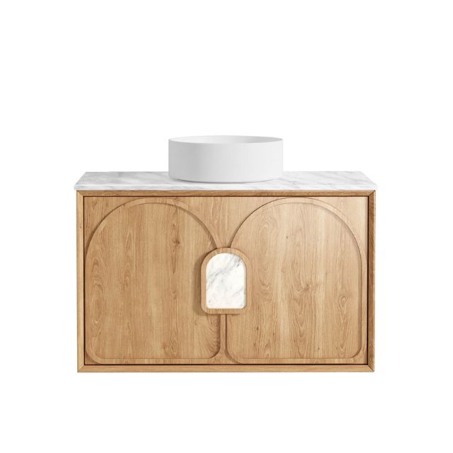 Otti Laguna Mk II Woodland Oak Wall Hung Vanity with Natural Carrara Marble Top - 900mm Single Basin LGM900NSTUD-NCA | The Blue Space