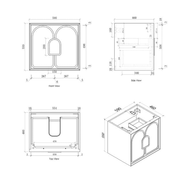 Otti Laguna Mk II Woodland Oak Wall Hung Vanity with Pure White Top - 600mm Single Basin - Cabinet Technical Drawing LGM600NSTUD-PW | The Blue Space