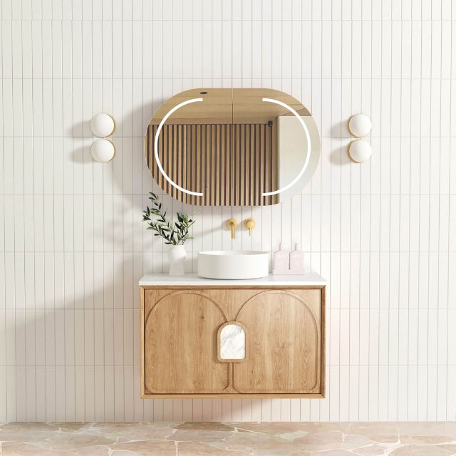 Otti Laguna Mk II Woodland Oak Wall Hung Vanity with Pure White Top - 900mm Single Basin LGM900NSTUD-PW | The Blue Space