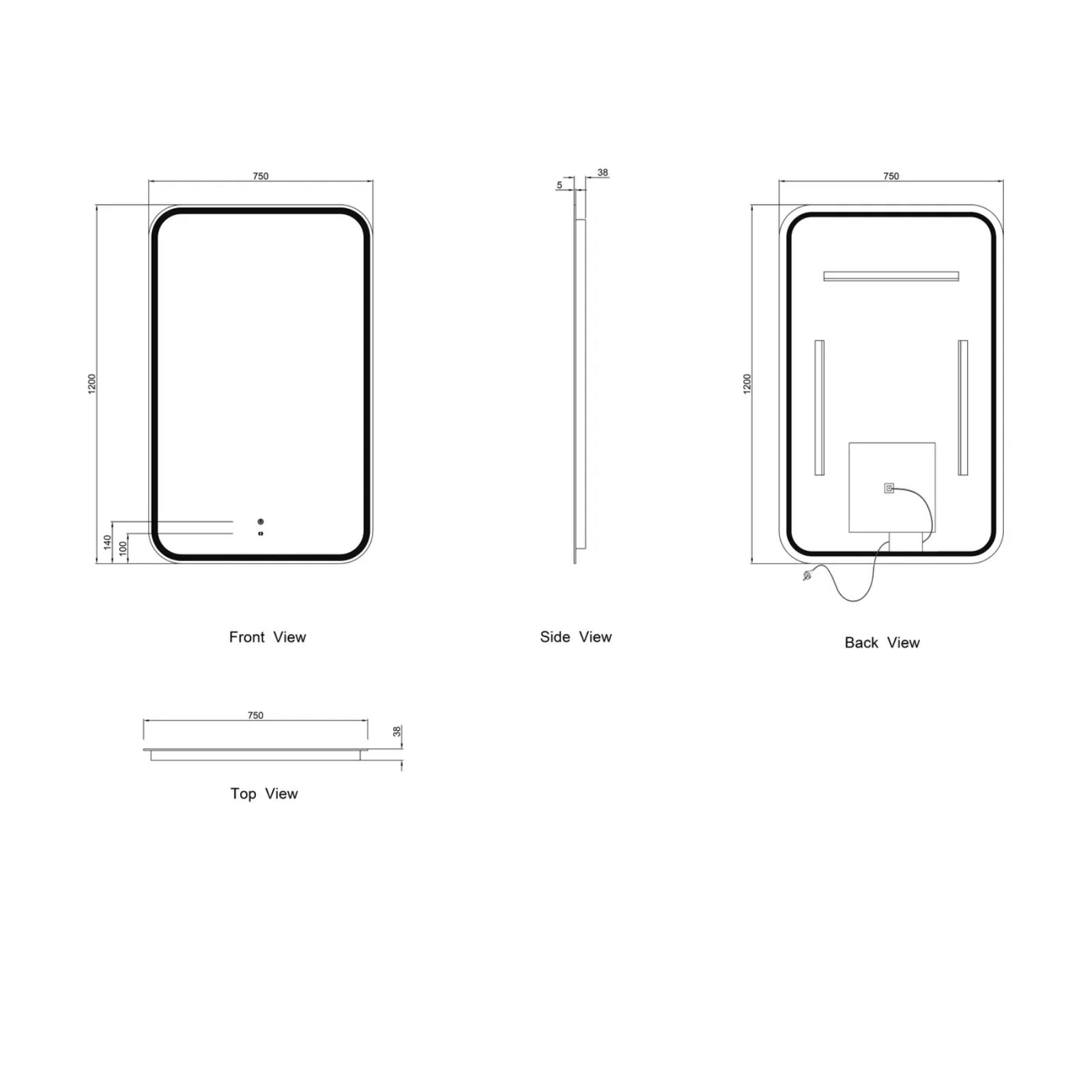 Technical Drawing Otti LED Newport 1200mm x 750mm Frameless Tuffi Mirror LED-SQ1275 - The Blue Space