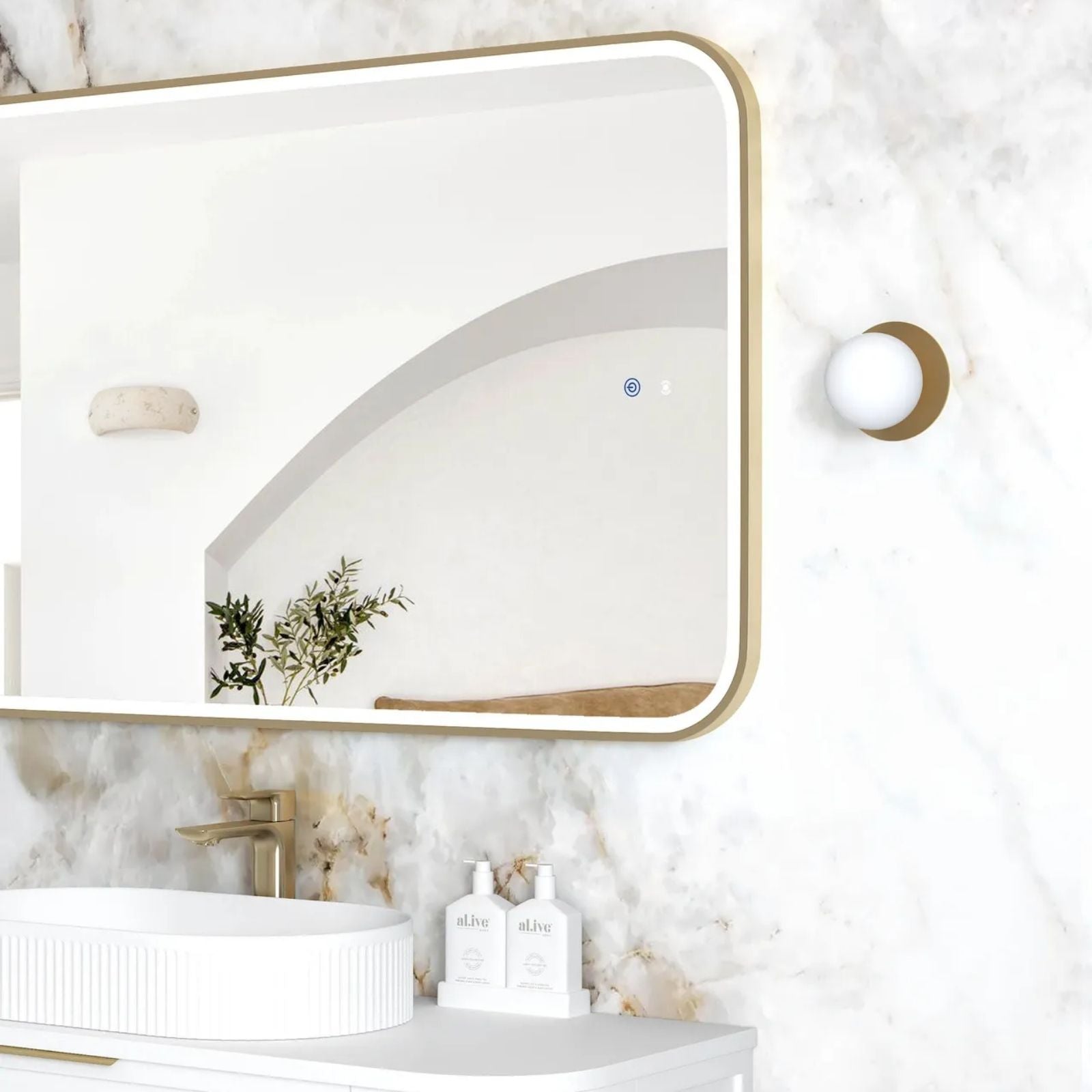 Right Side Otti LED Newport 1200mm x 750mm Metal Frame Mirror - Brushed Gold LED-SQM1275G - The Blue Space