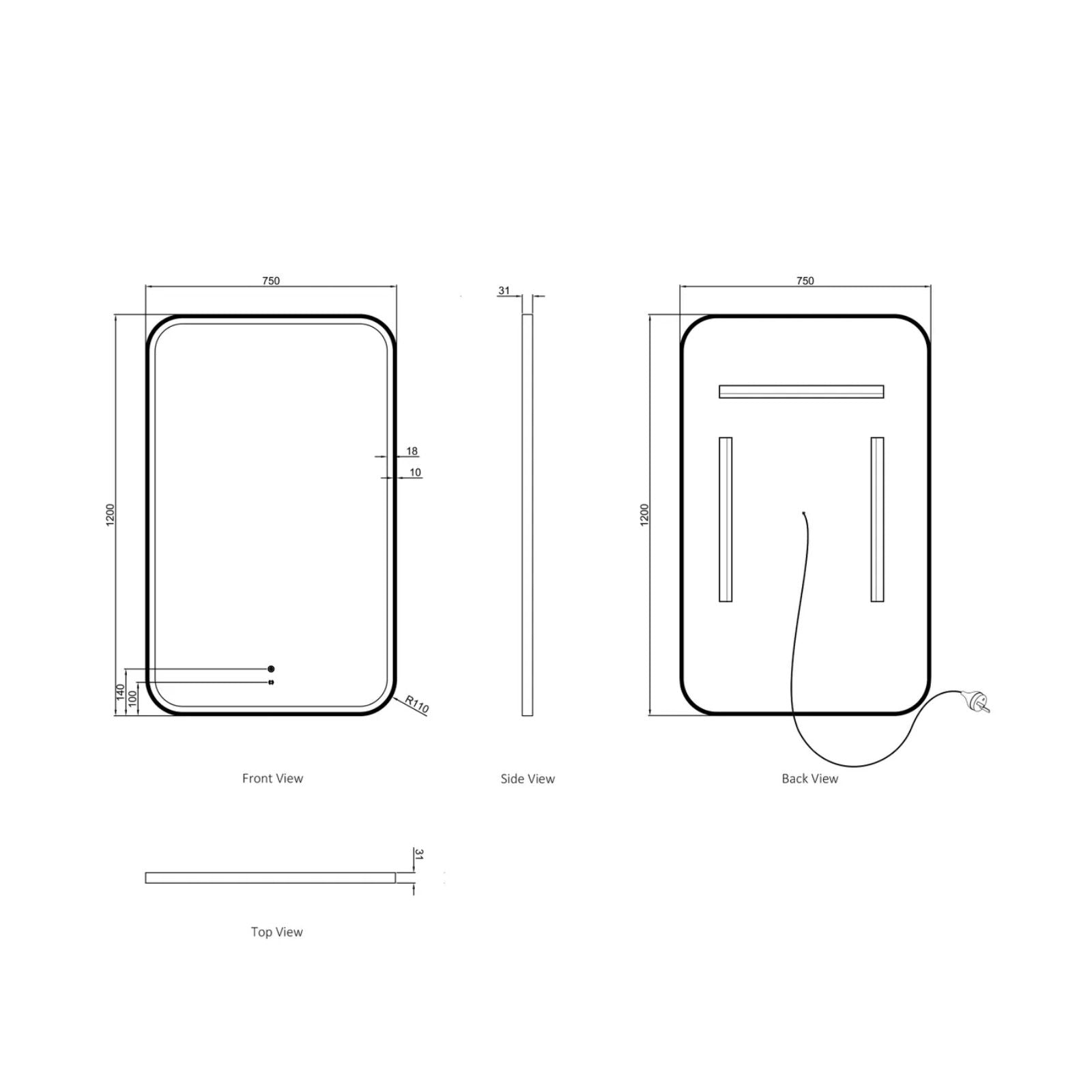 Technical Drawing Otti LED Newport 1200mm x 750mm Metal Frame Mirror - Brushed Gold LED-SQM1275G - The Blue Space