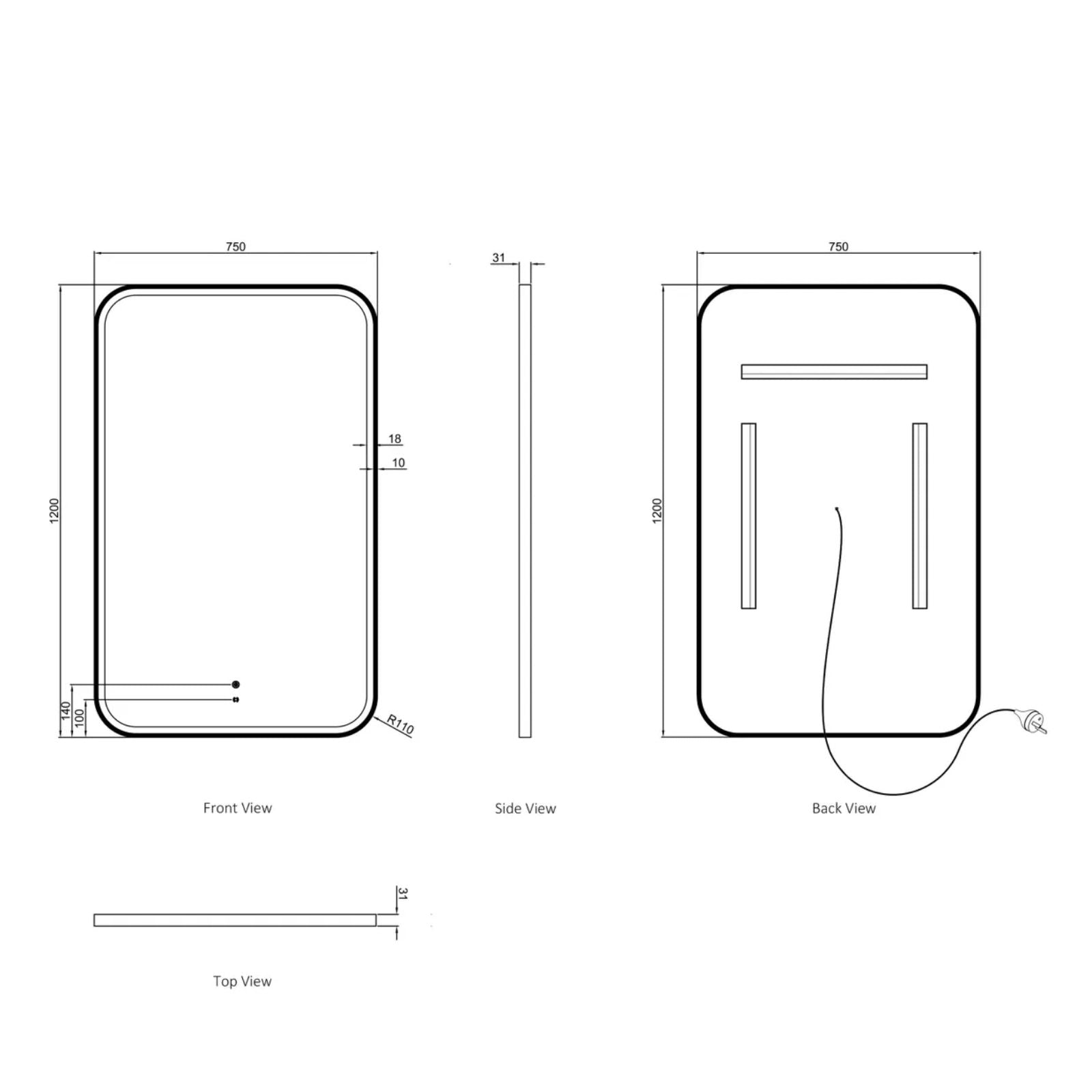 Technical drawing Otti LED Newport 1200mm x 750mm Metal Frame Mirror - White LED-SQM1275W - The Blue Space