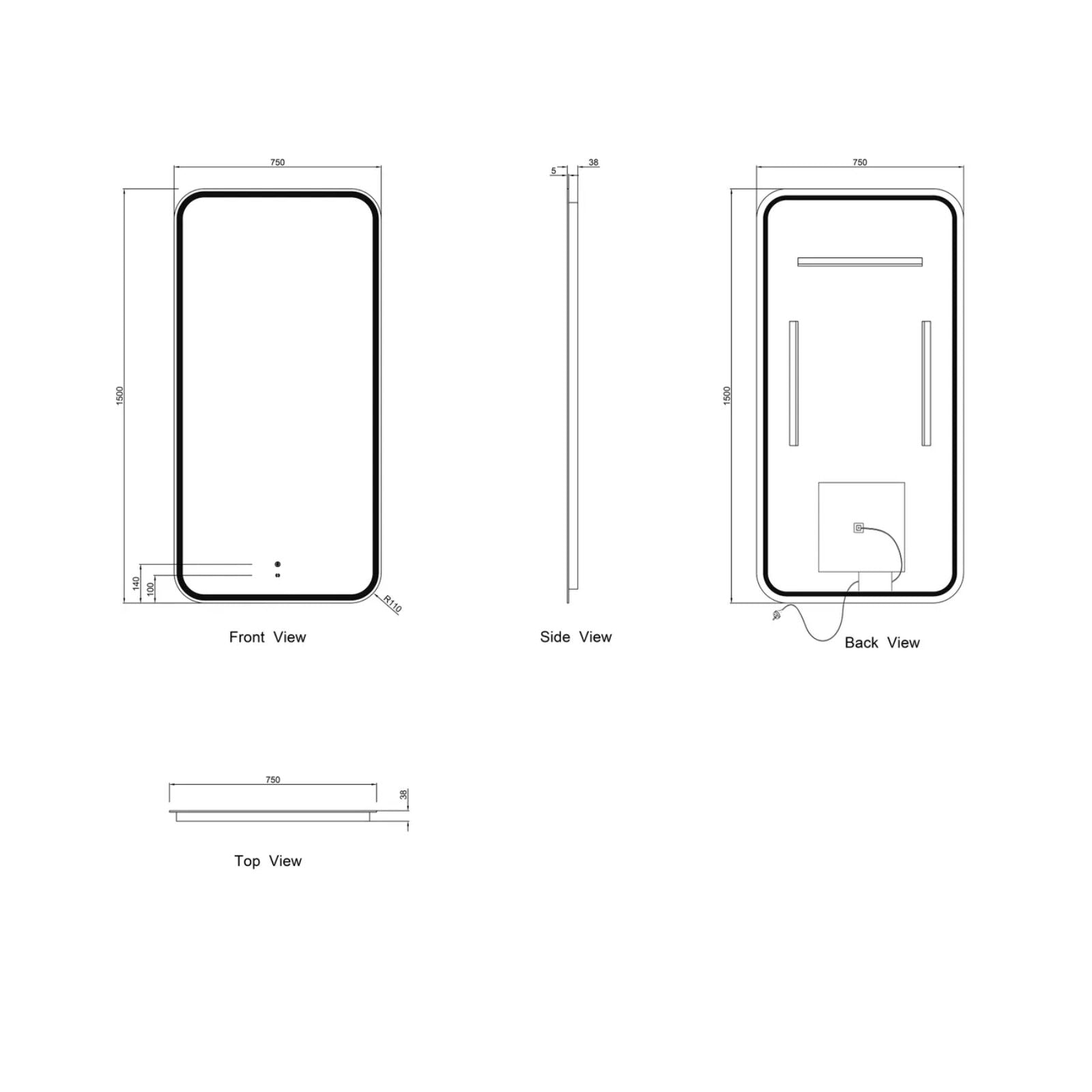 Technical Drawing Otti LED Newport 1500mm x 750mm Frameless Mirror LED-SQ1575 - The Blue Space
