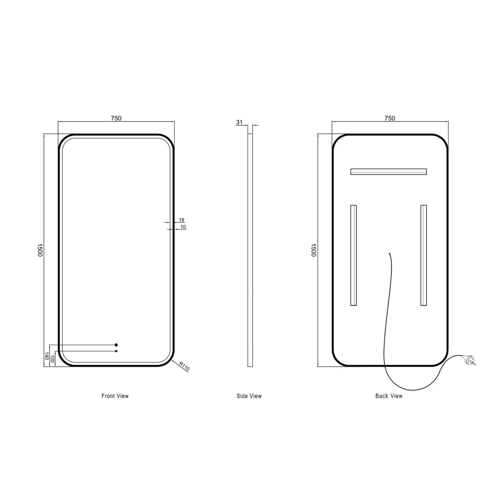 Technical Drawing Otti LED Newport 1500mm x 750mm Metal Frame Mirror - White LED-SQM1575W - The Blue Space
