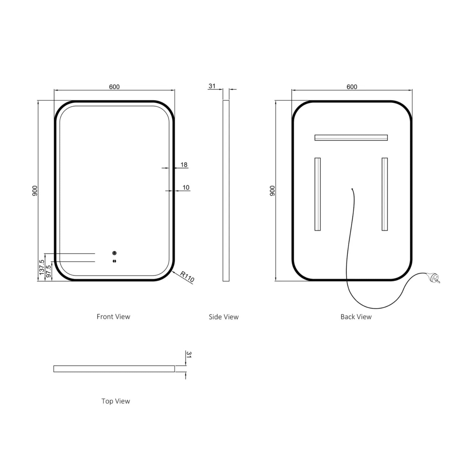 Technical Drawing Otti LED Newport 900mm x 600mm Metal Frame Tuffi Mirror - Black LED-SQM9060B - The Blue Space