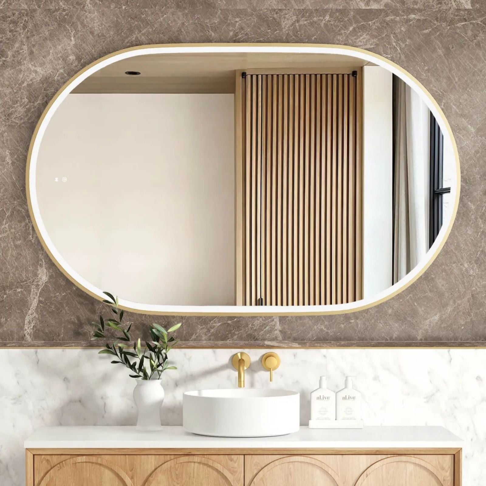 Otti LED Noosa 1200mm x 750mm Metal Frame Tuffi Mirror - Brushed Gold LED-OVM1275G - The Blue Space