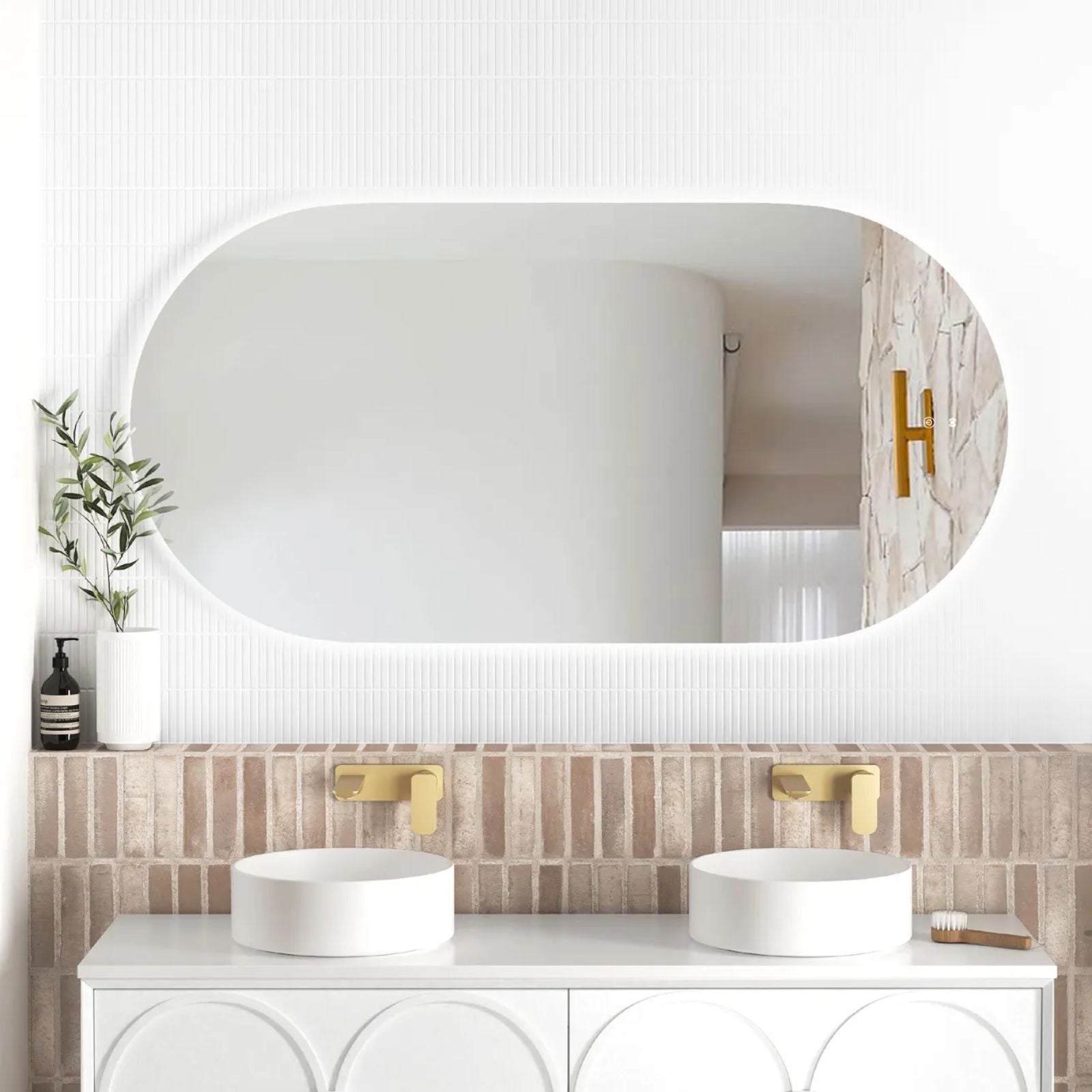 Otti LED Noosa 1500mm x 750mm Frameless Tuffi Mirror Lifestyle Horizontal Front View LED-OV1575 | The Blue Space