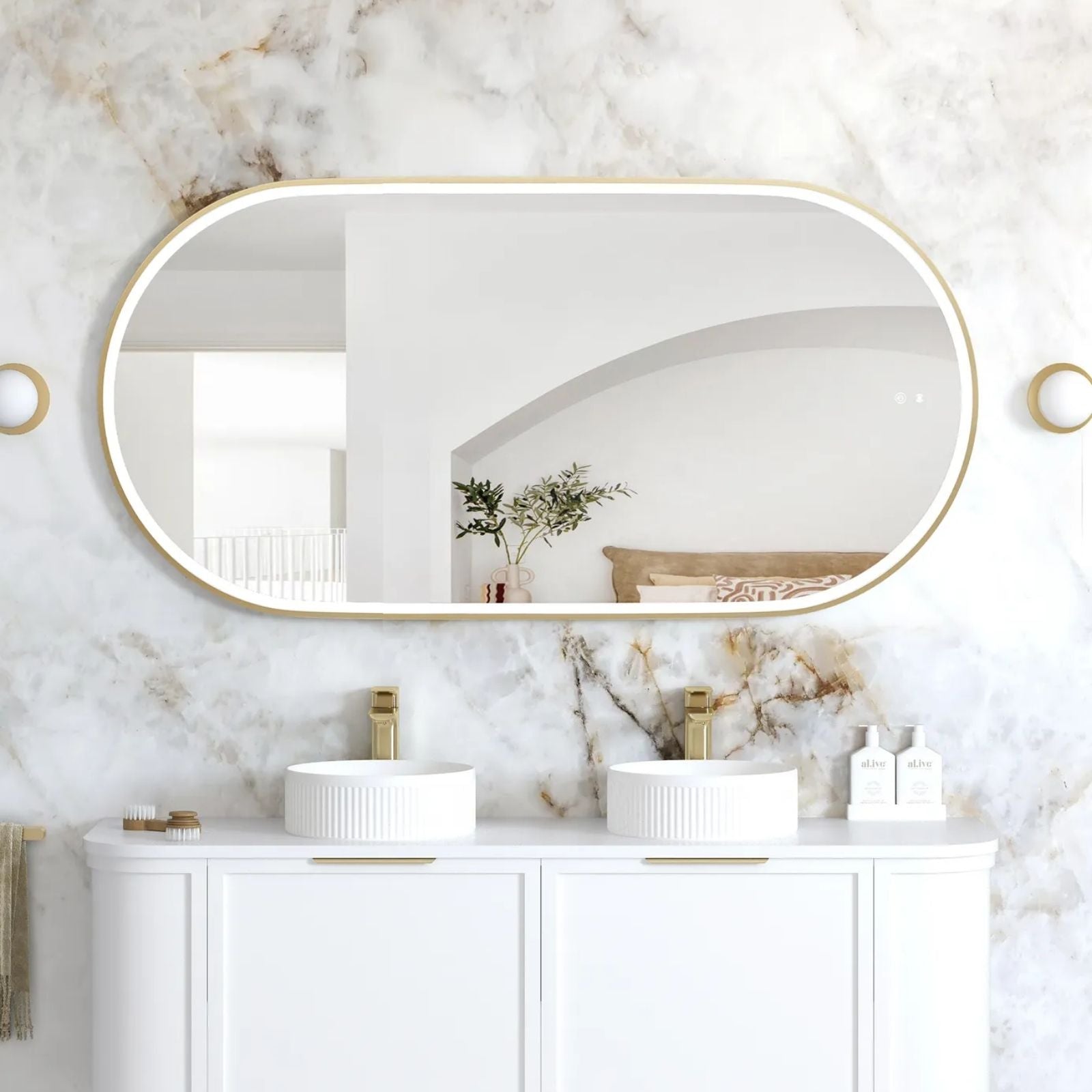 Otti LED Noosa 1500mm x 750mm Metal Frame Mirror - Brushed Gold LED-OVM1575G - The Blue Space