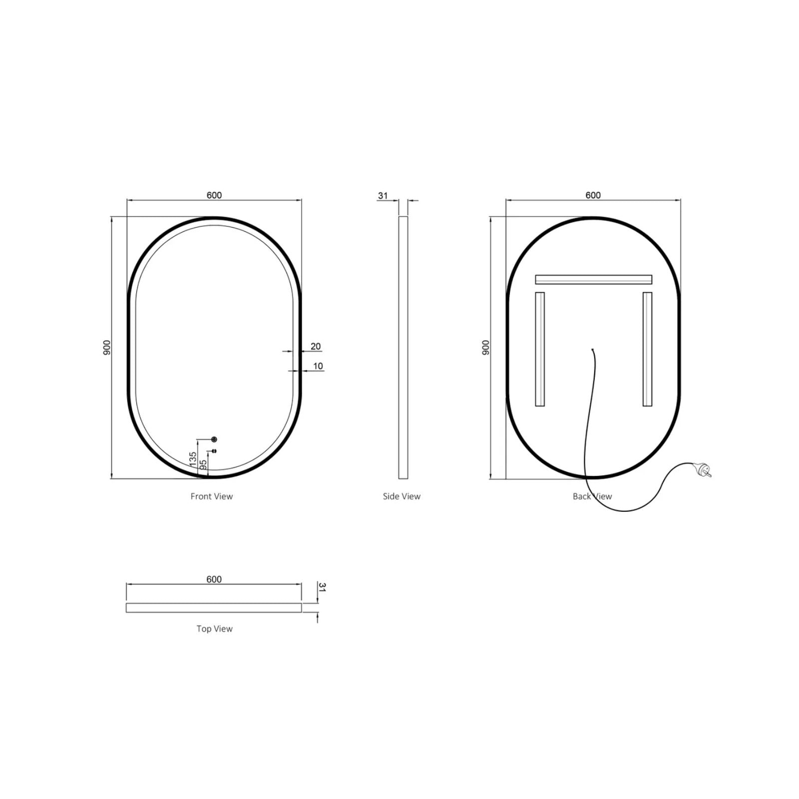 Technical Drawing Otti LED Noosa 900mm x 600mm Metal Frame Mirror - Brushed Gold LED-OVM9060G - The Blue Space