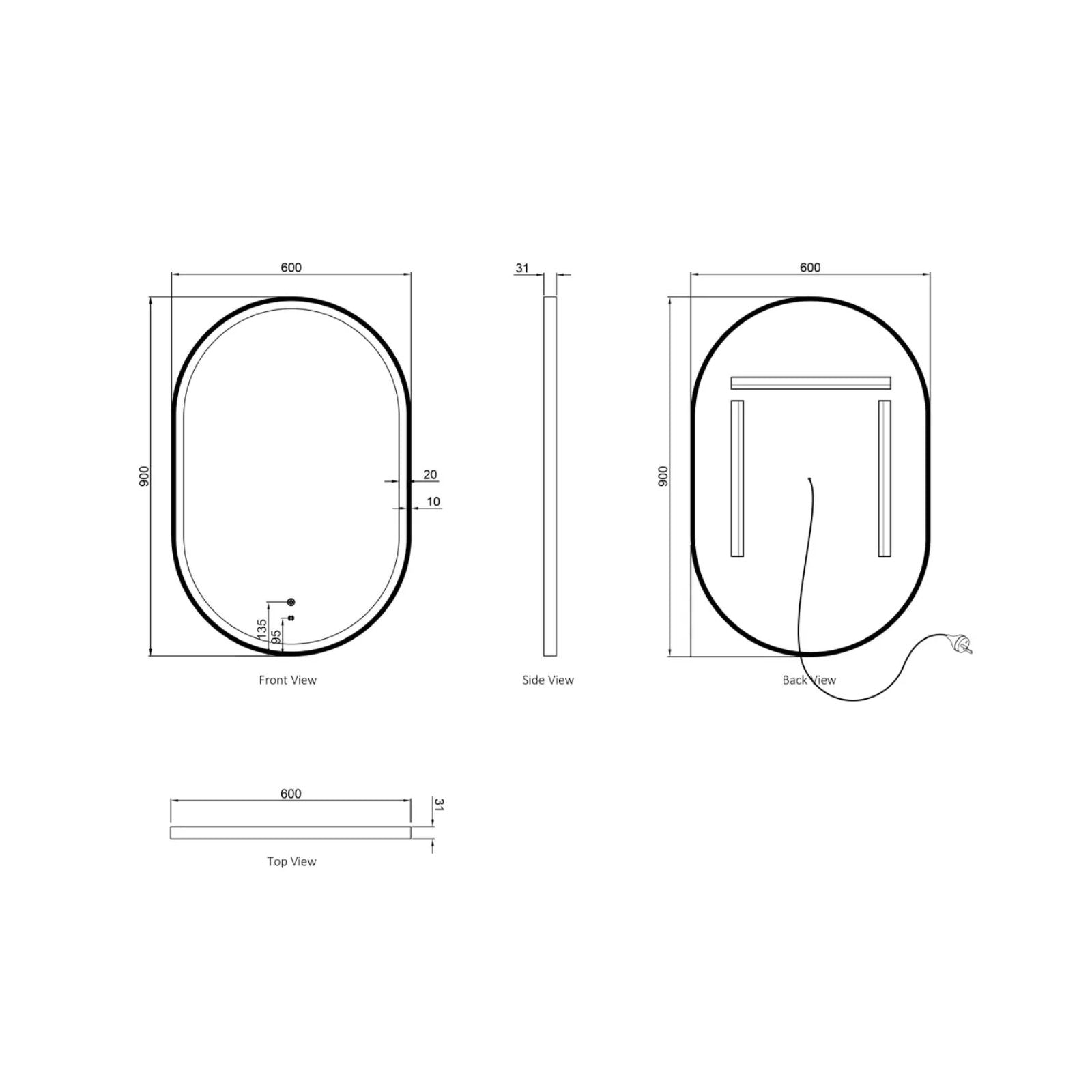 Technical Drawing Otti LED Noosa 900mm x 600mm Metal Frame Tuffi Mirror - Black LED-OVM9060B - The Blue Space