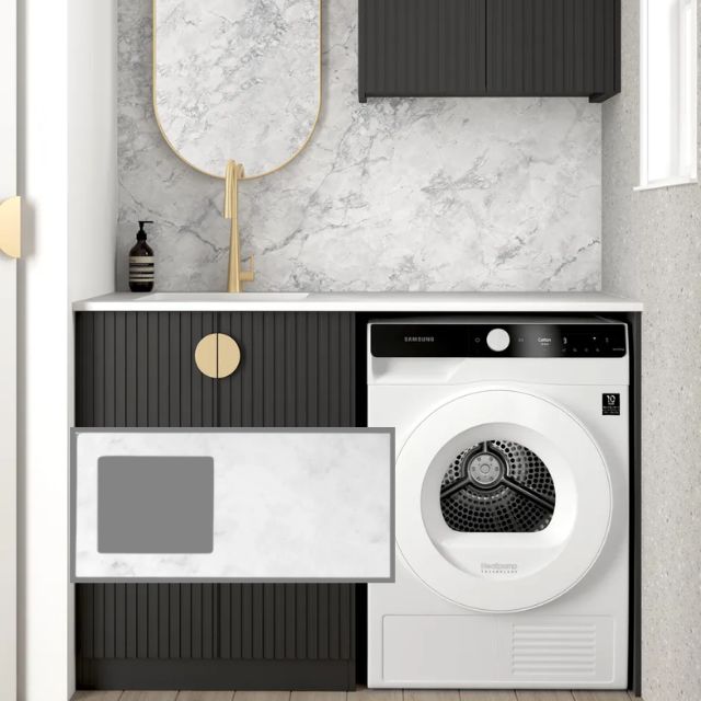 Otti Marlo 1305mm Fluted Laundry Set A - Black with Cloudy Carrara Solid Surface Stone Top LA-1305A-MA-CA-KIT | The Blue Space